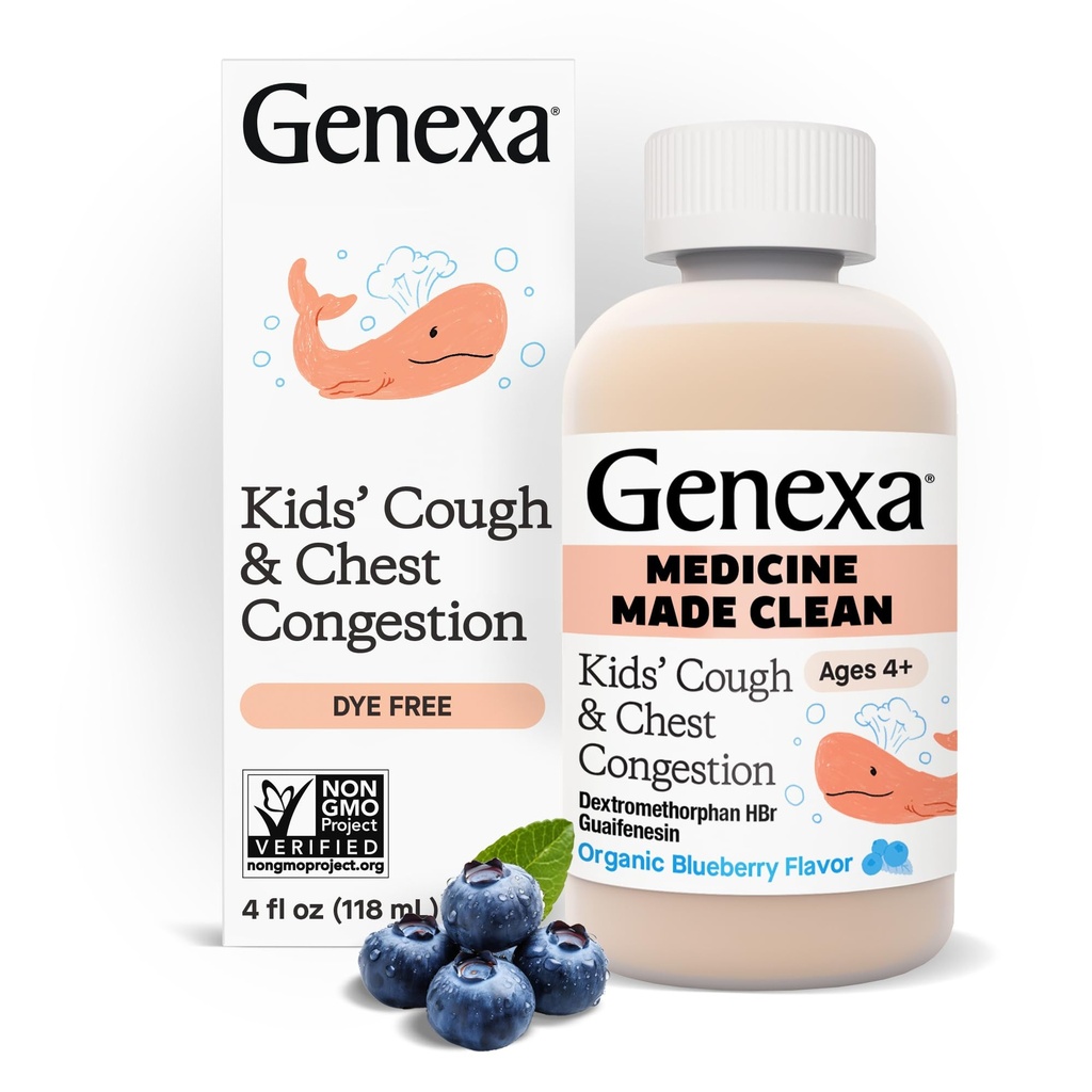 Genexa Kids’ Clean Cough & Chest Congestion Medicine, 염료 무료, 0% 인공 첨가물, 어린이 4-11, Cough Suppressant & Expectorant, 유기 블루 베리 맛, 4 fl oz에 대 한 멀티 스핀텀 기침 시럽