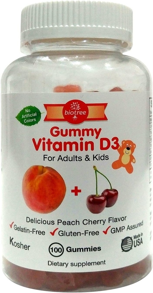 BioTree Labs 비타민 D 거미 곰 - 100의 팩, 성인 & 아이를 위해| Peach & Cherry flavored Chewable Vitamin D3 | 건강한 뼈, 치아, 면역 체계, 두뇌 및 신경계를 위해 중대한