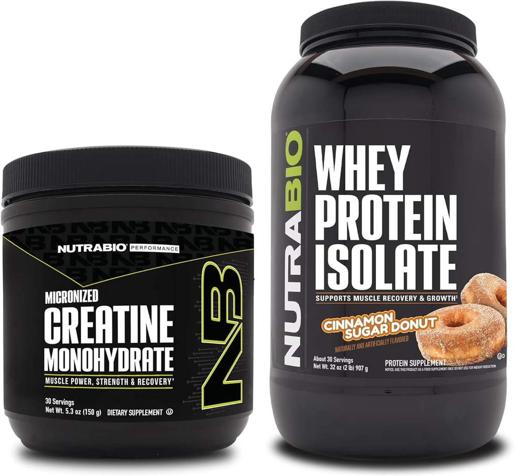 NutraBio Creatine Monohydrate, Unflavored, 150g 및 Whey Protein Isolate, Cinnamon Sugar Donut, 보충교재 번들 - 근육 에너지, Lean 근육 성장, 회복 및 힘
