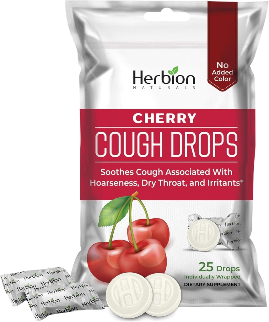 HERBION Naturals Cough Drops with Natural Cherry Taste, Dietary Supplement, Soothes Cough, 성인 및 어린이 6 년 이상, 25 드롭, 인공 풍미 없음, 1 팩