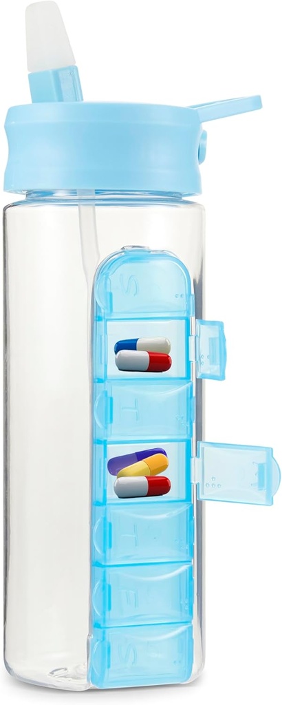 MARS WELLNESS 24 Ounce Water Bottle with Slideout Pill Box, 일일 주최자 - 7 일 의학 홀더, 쉬운 슬라이드 알약 컨테이너, Hydration 용 팝업 밀짚