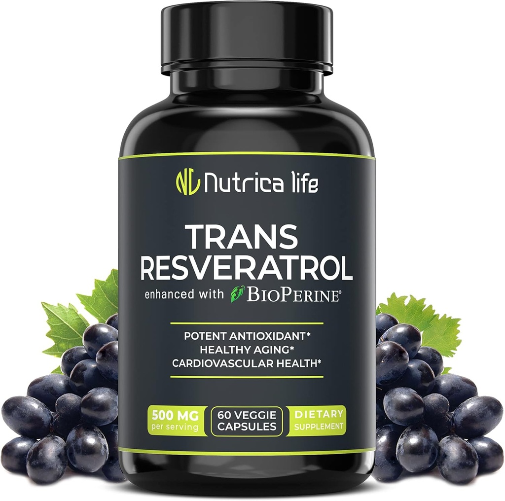 Trans Resveratrol 보충교재 500mg 유력한 노화 방지 공식, 심장 & 세포질 건강을 위한 강력한 산화 방지제, Bioperine를 가진 뇌 승압기 보충교재, 60 Vegan 모자