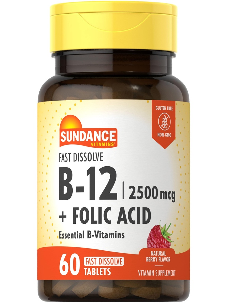 Sundance Fast Dissolve Vitamin B-12 | Folic Acid | 2500mcg | 60 개 | 천연 베리 맛 | 채식주의, 비 GMO 및 글루텐 무료 보충