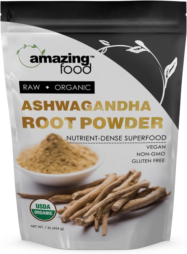 Amazing Food Ashwagandha Root | 1 Lb Powder | USDA 인증 유기농 보충교재 | Vegan | Non-GMO | 글루텐 프리 | 미국