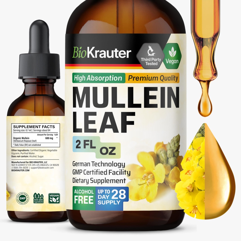 BIO KRAUTER Mullein Leaf Extract for Lungs 2 Fl. Oz - 28 공급 일 - Lung Cleanse & Detox 용 Pure Mullein Drops - Vegan Respiratory Supplements - Non-GMO, 설탕 및 알코올 없음