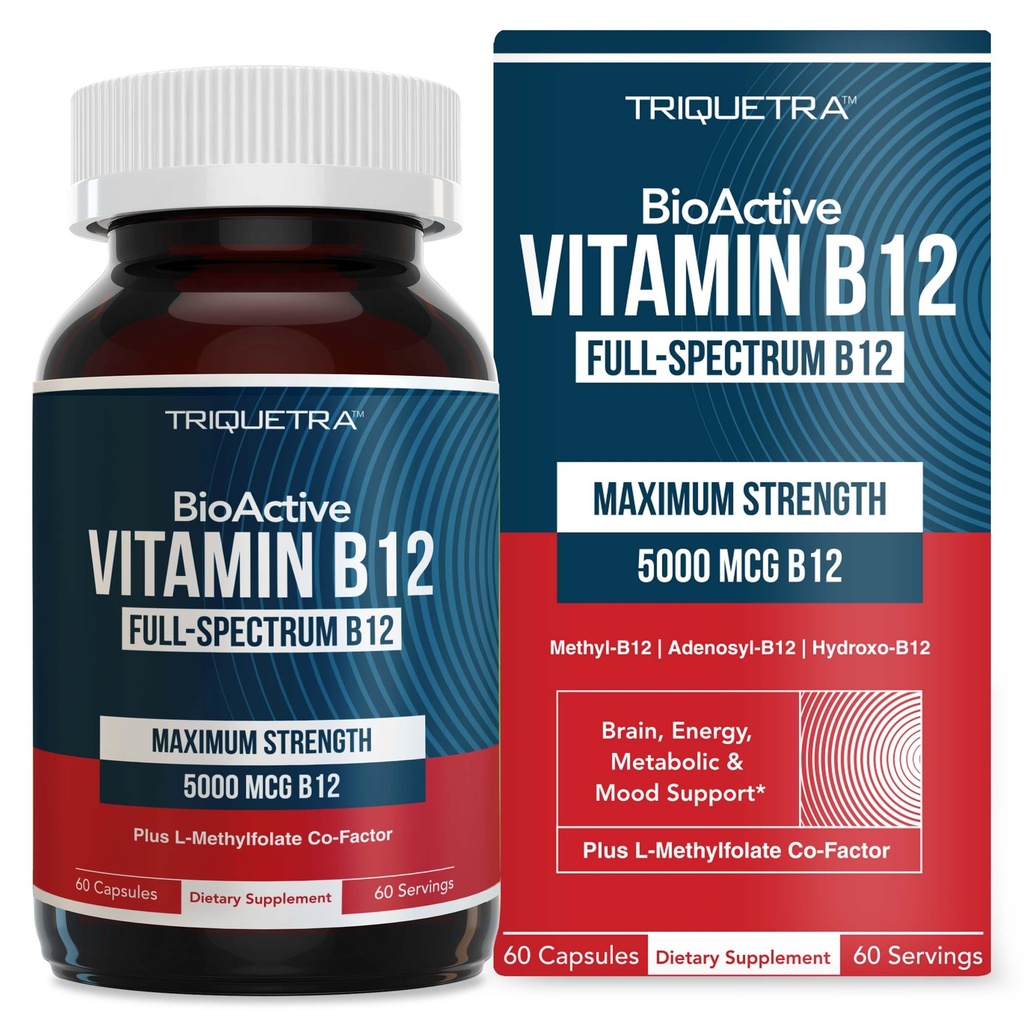 BioActive 비타민 B12 - 5000 mcg, 포함 3 BioActive 형태 B12 플러스 Methylfolate 계수 - 메틸 B12, Adenosyl B12 & Hydroxy B12 | 지원 에너지, 대사 및 계류 | Vegan, 비 GMO (60 인분)