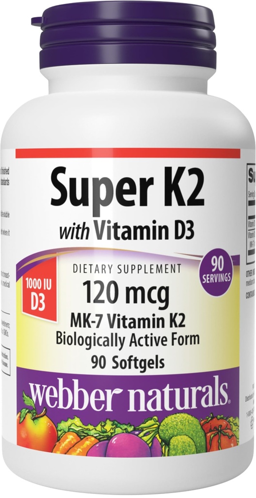 Webber Naturals 슈퍼 비타민 K2 MK-7 120 mcg 비타민 D3, 90 Softgels, 지원 뼈, 치아, 심장 혈관 시스템