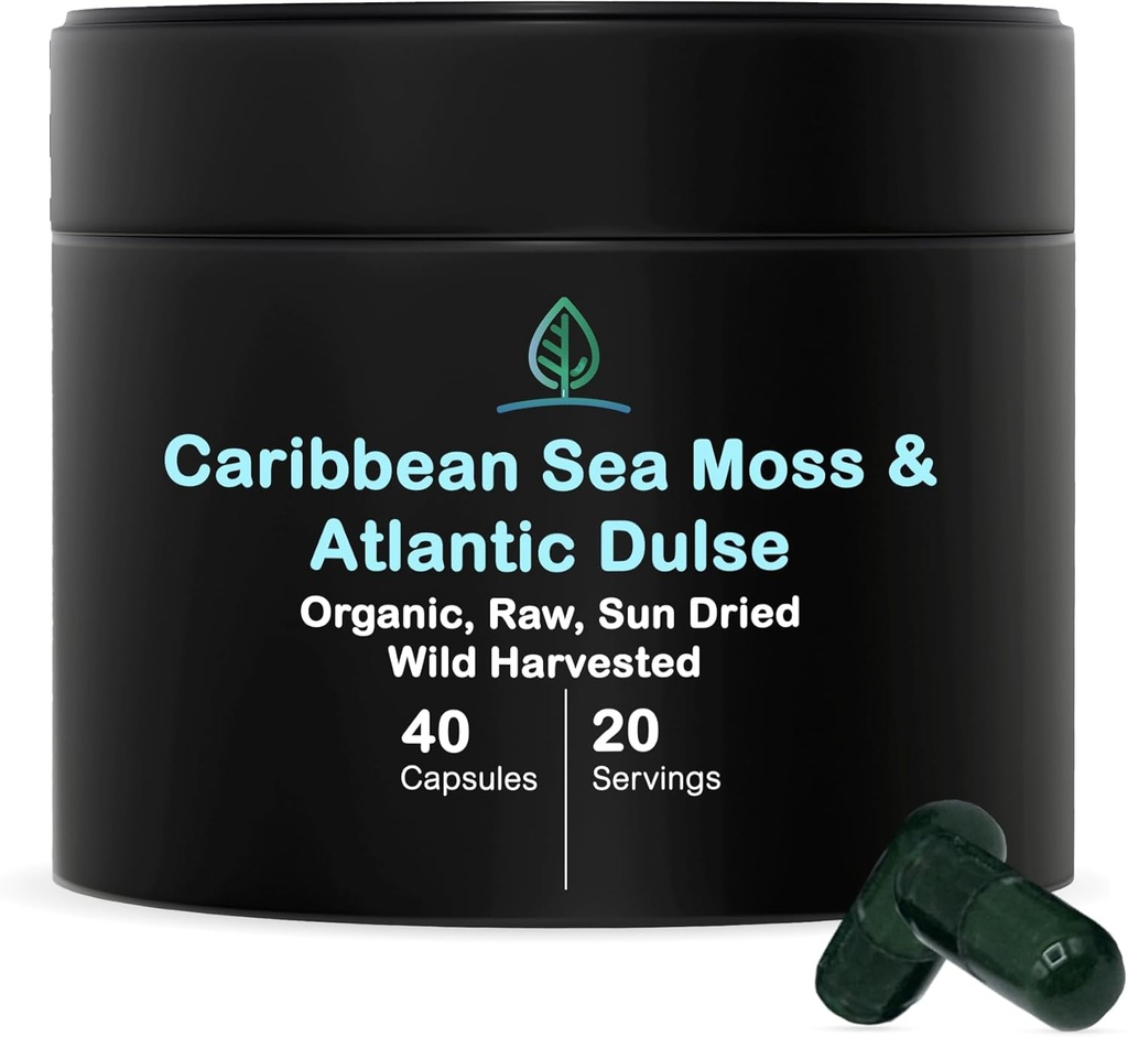 Holistic Bin Organic Sea Moss 캡슐 100 % 순수한 카리브 해 Moss + Dulse Seaweed | 야생 수확 | No Fillers | Antioxidants, Minerals 및 Iodine (40 캡슐)의 풍부한