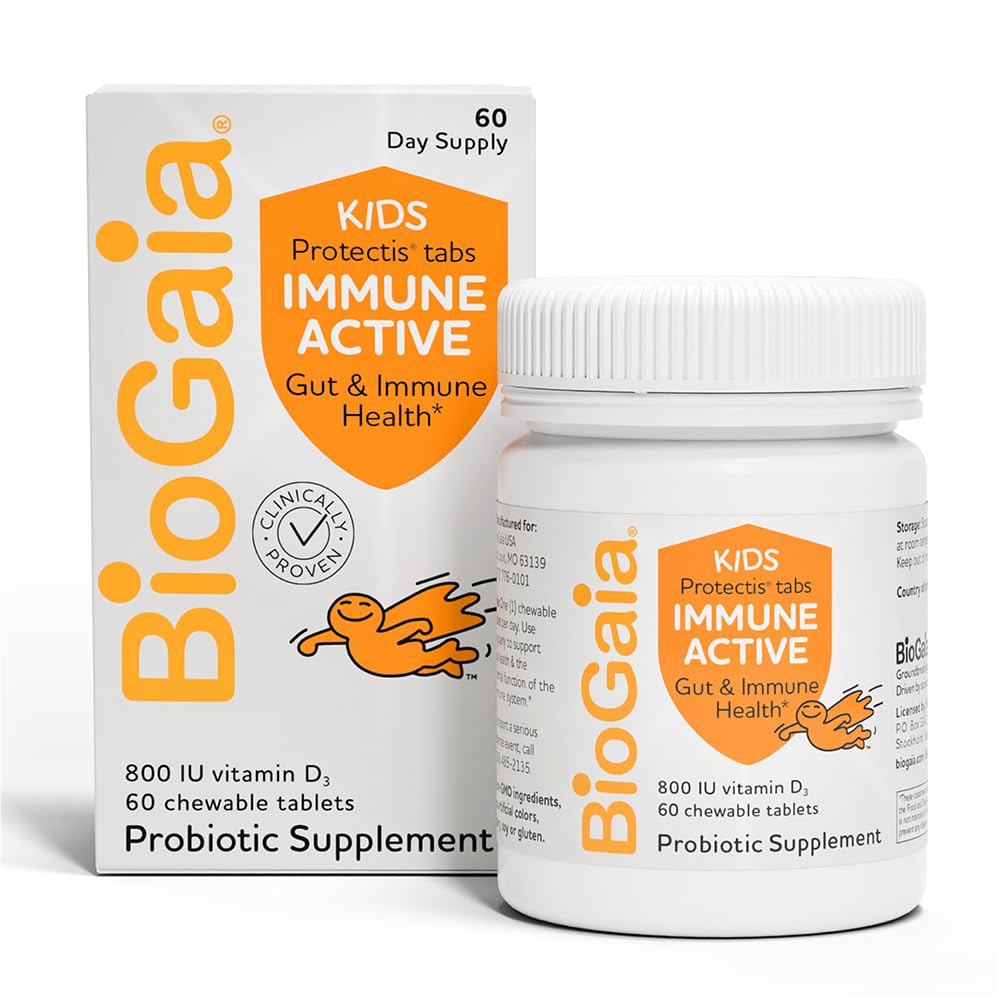BioGaia Immune Active Kids | 프로바이오틱스 + 비타민 D | 소화 및 면역 건강 | 나이 3+ | 알레르기, 유제품, 유제품 및 글루텐 무료 | 소아과이스트 | 60일 공급 | 오렌지 맛있게