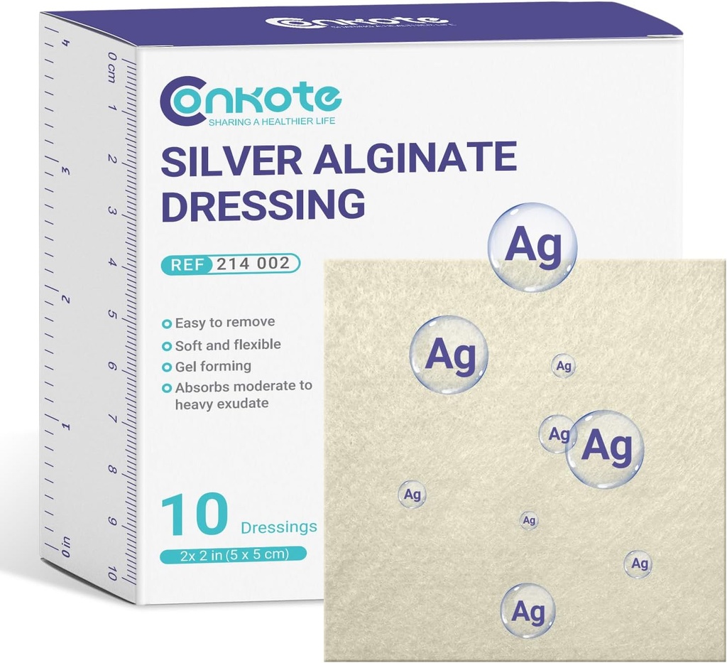 Conkote Silver Alginate Wound Dressing Pads 2" x 2", 10 Pack, Non-Stick Padding Ag Patch, 압력 Ulcer, 침대 Sore 및 Diabetic 발 Ulcer에 대 한 고 흡수