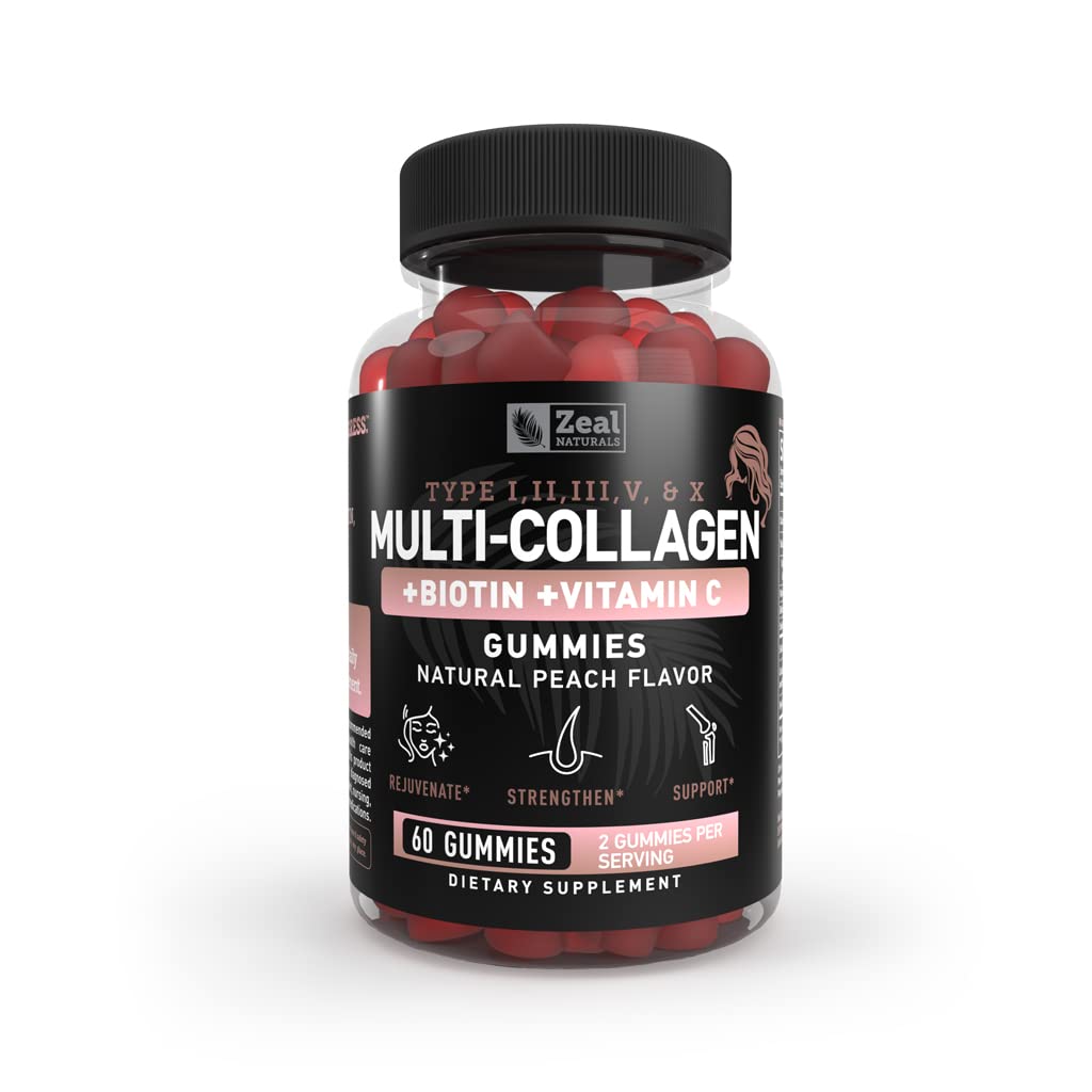 다 교원질 펩티드 Gummies (1, 2, 3, 5 & 10) + 비타민 C + Biotin + Hyaluronic 산 | 건강한 머리, 피부 및 못을 지원합니다 | Non-GMO와 글루텐 자유로운 | 자연적인 복숭아 풍미 | 60 Gummies