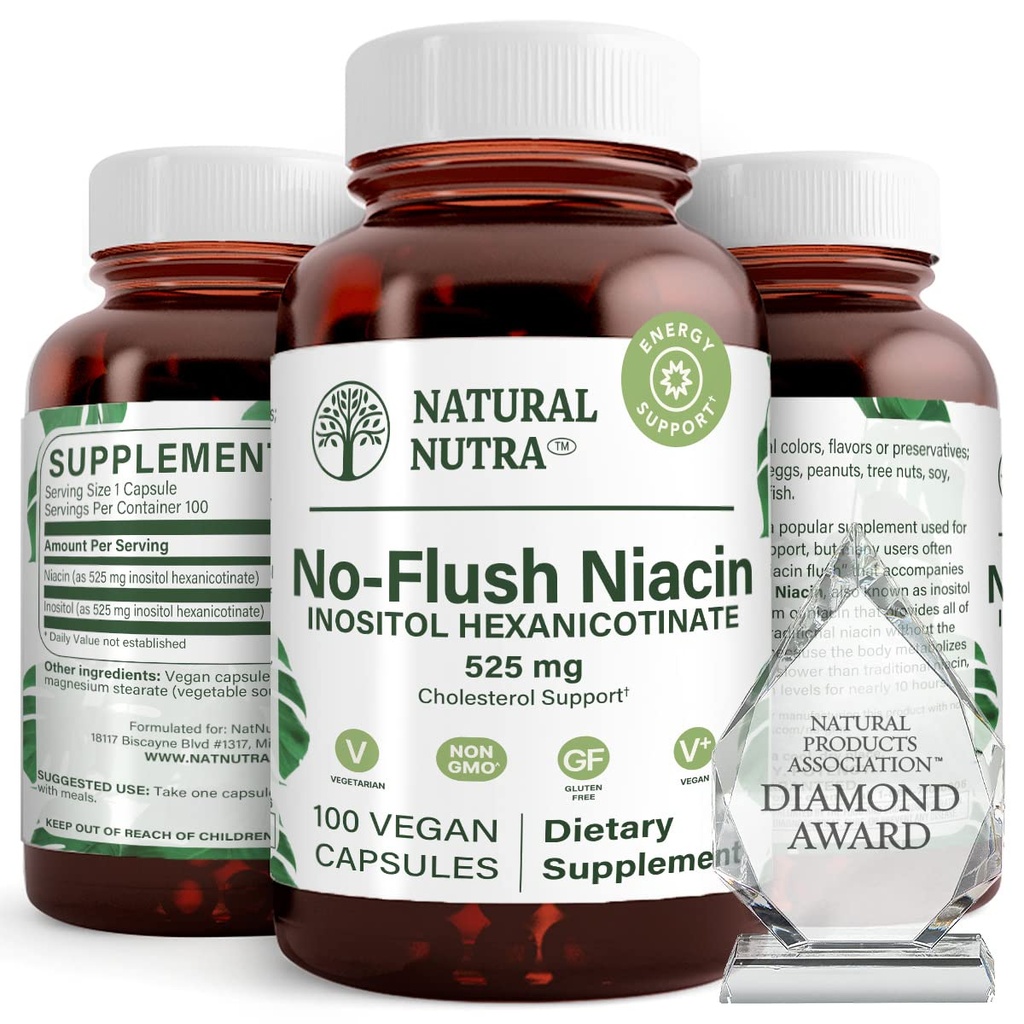 Natural Nutra No Flush Niacin, 비타민 B3 보충, 도움은 심장 혈관 건강을 개량합니다, 도움은 피부 짜임새를 개량하고, 더 나은 뇌 기능을 승진시킵니다, 도움은 에너지 레벨 525 mg, 100개의 캡슐을 밀어줍니다