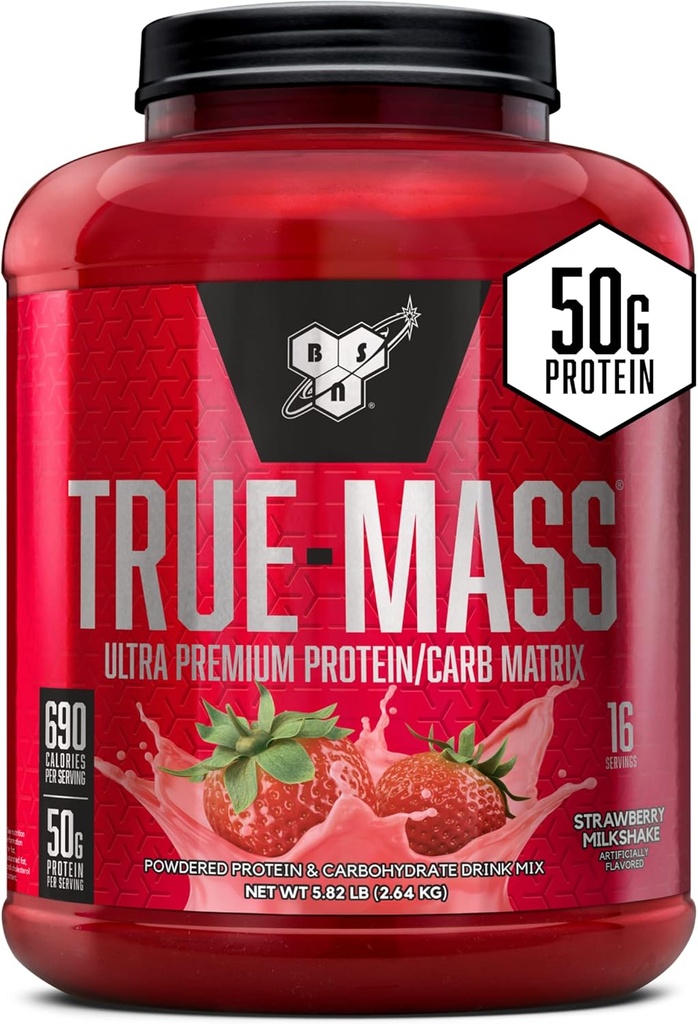 BSN TRUE-MASS 무게 게인, 근육 대량 게인더 단백질 분말, 딸기 밀크 셰이크, 5.82 파운드