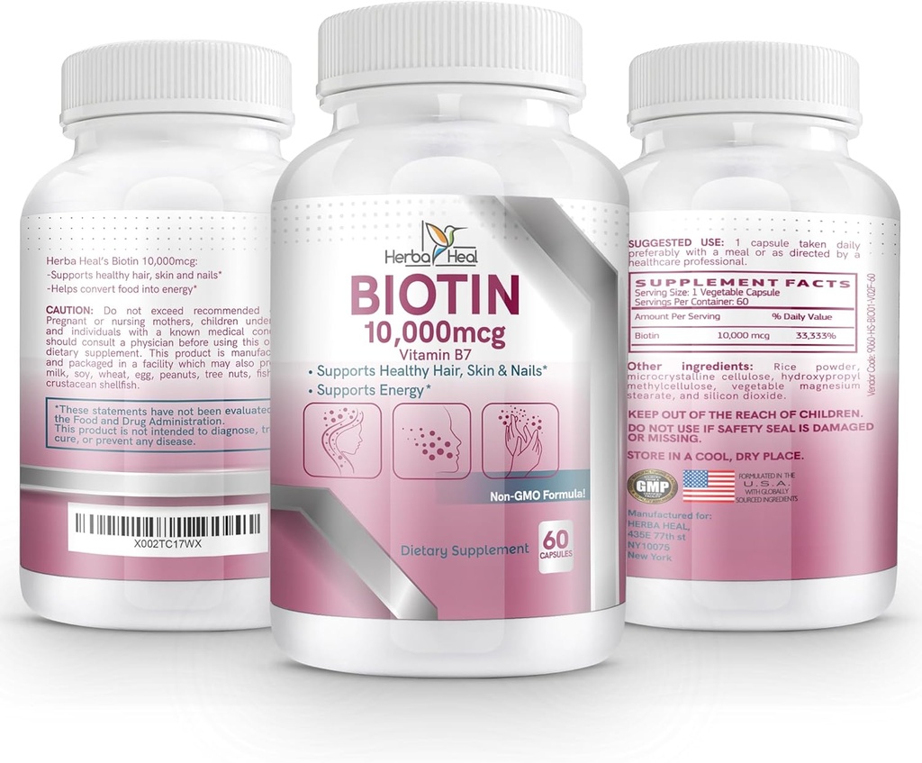 Biotin 10,000MCG 캡슐 여성과 남성을위한 머리 성장 - 비타민 B7 알약 - 건강한 피부 손톱과 모발 이식을위한 높은 효능 보충