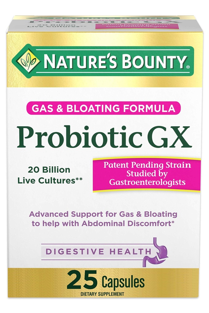 Nature 's Bounty Probiotic GX, Occasional Gas 및 Bloating, 식이 보충, 소화 건강, 25 캡슐에 대한 도움말