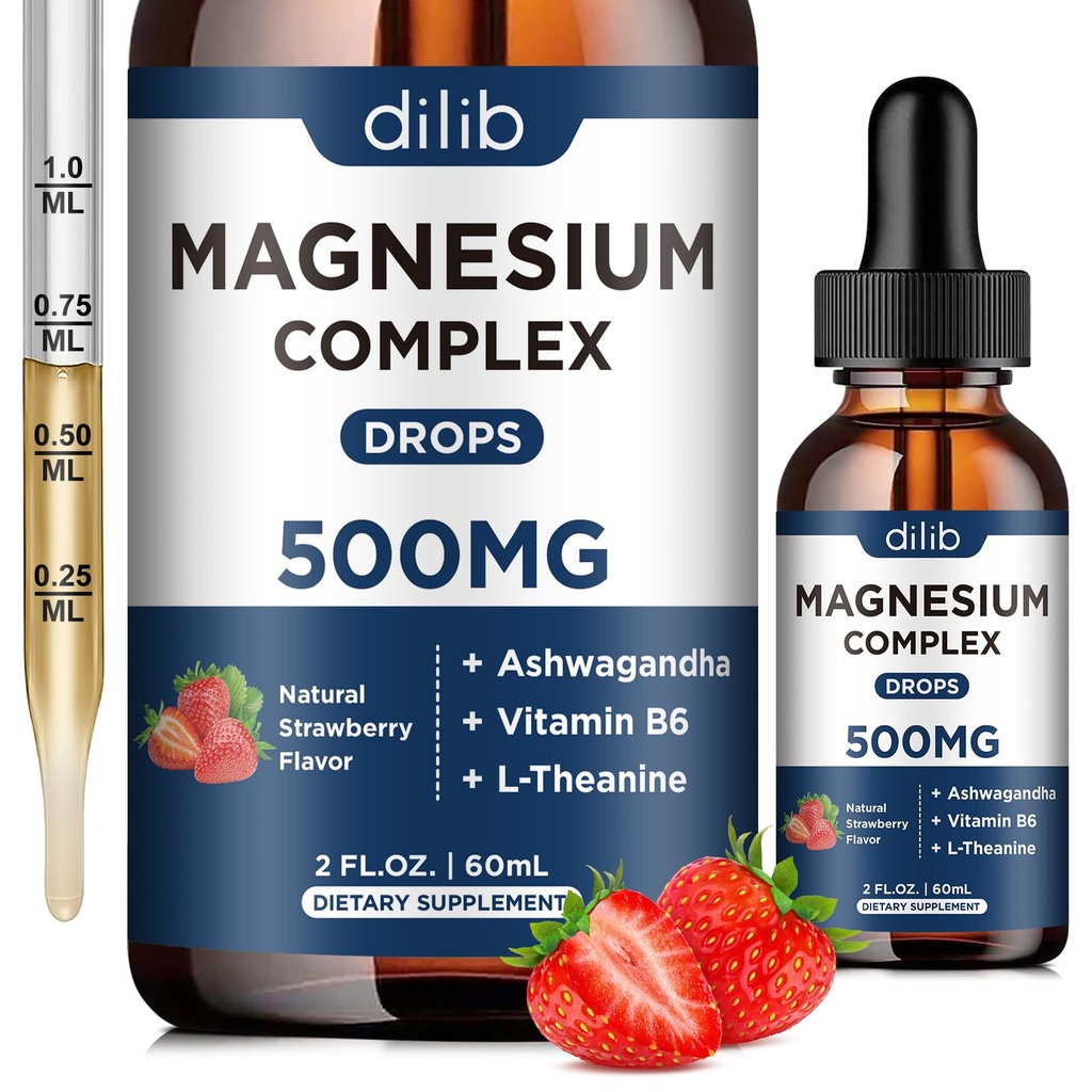 Triple Magnesium Complex Supplement-Magnesium Glycinate, Citrate, Malate Liquid Drops 500mg with Ashwagandha, L-Theanine, 비타민 B6 for Stress Relief, Sleep, Muscle Support-Strawberry 풍미