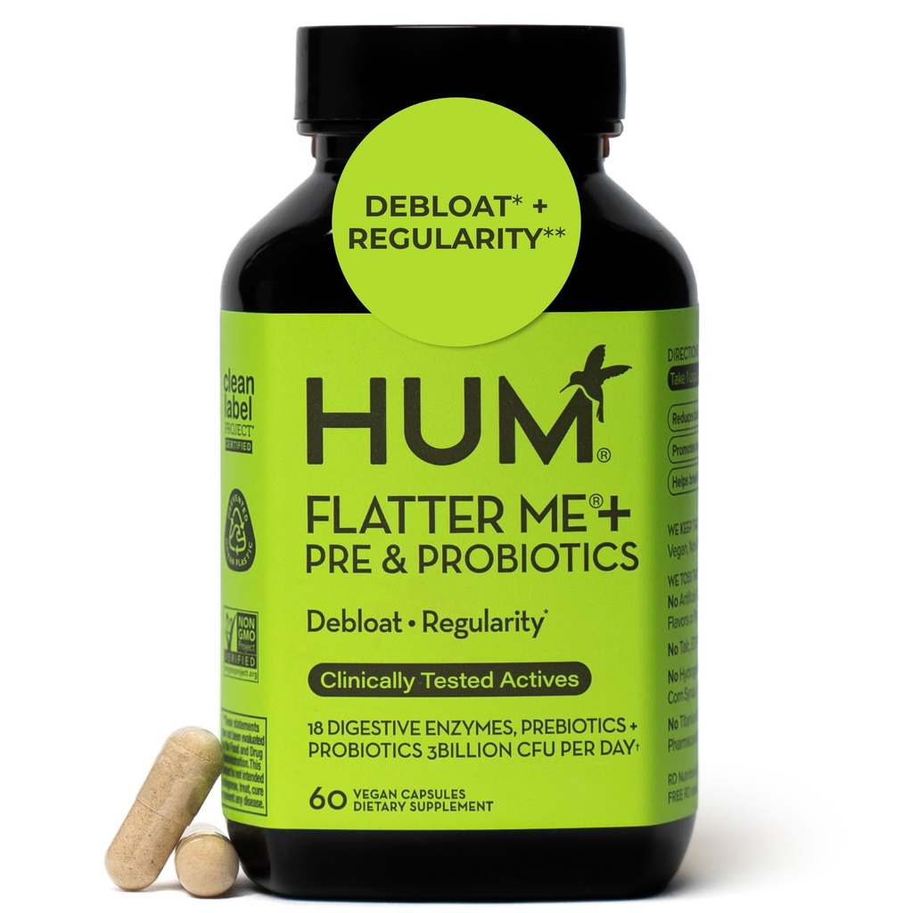 HUM Flatter Me Digestive Enzymes Plus Prebiotics & Probiotics, 여성 및 남성을위한 Digestive Health Bloating Supplement, 빠른 Acting Anti Bloat Pills Multi Enzyme Debloating, Vegan, 60 캡슐