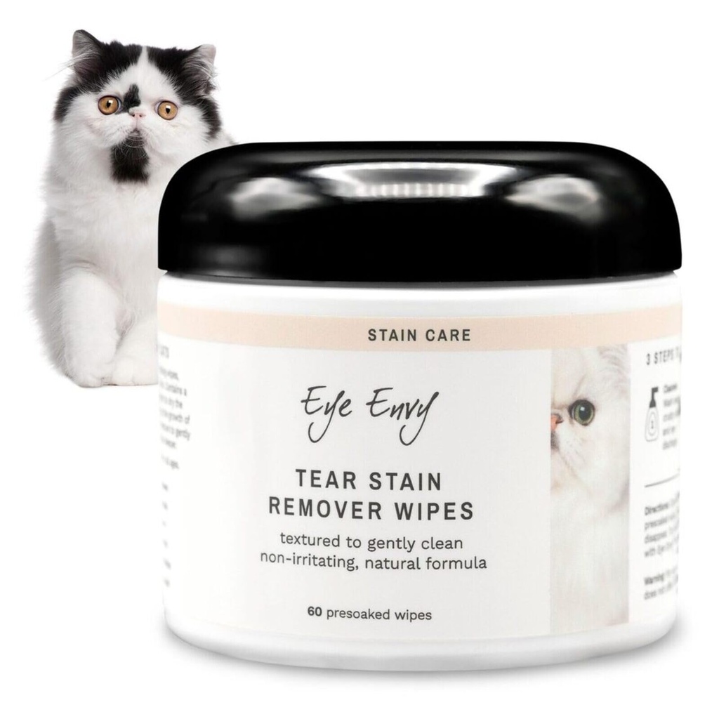 Eye Envy Tear Stain Wipes for Cats. Gently Clean에 텍스처, 얼룩의 원인을 치료. 100% 자연적인 공식. 페르시아 인 & 이국적인 Breeders, Vets, Groomers에 의해 추천. 미국 제작. 60 Cat Eye Wipes