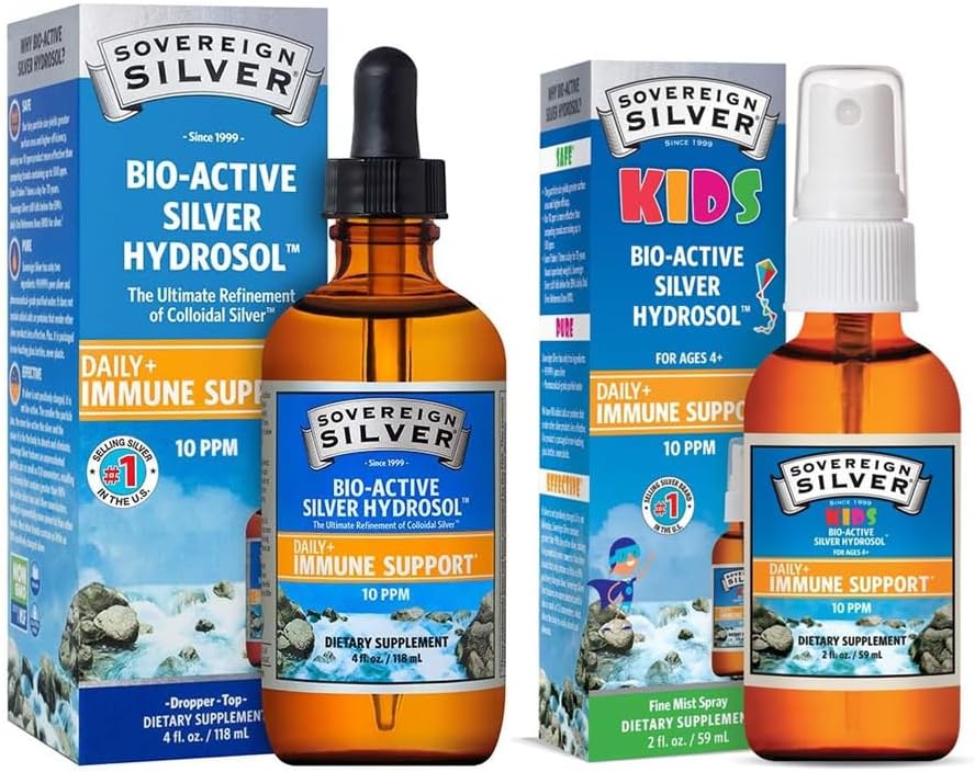 Sovereign Silver Bio-Active Silver Hydrosol 제품군 번들 - 면역 지원을위한 Bio-Active Silver Hydrosol - Dropper, 4 oz + Kids Bio-Active Silver Hydrosol 액체 Immune Support - Fine Mist, 2 oz