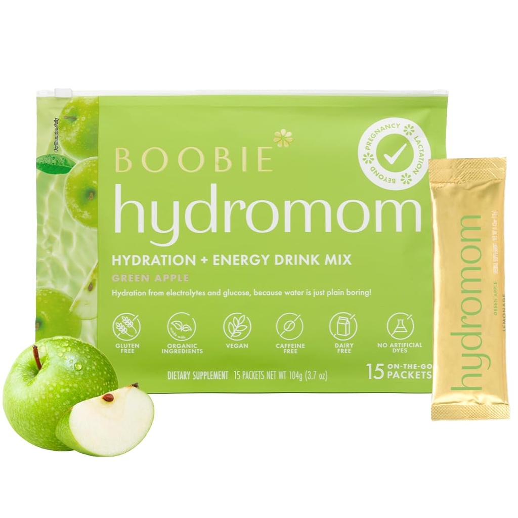 Boobie Hydromom Superfood Electrolyte 음료 믹스, 그린 애플 | 마마즈를 위한 재생 에너지 및 히드라이즈 부스트 | 임신, 락토, & Beyond, 15 Packets