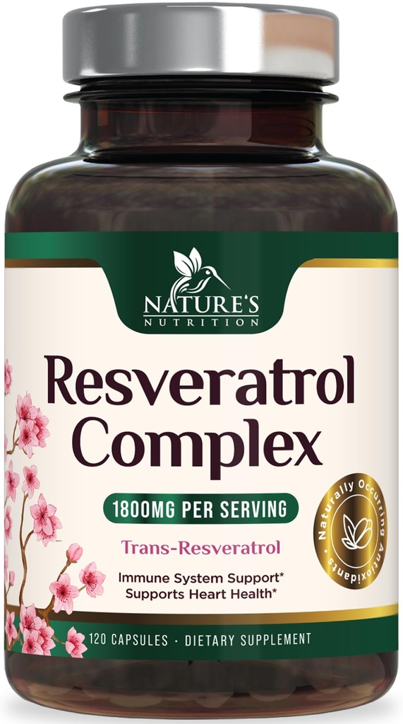 Resveratrol 보충교재 1800mg - 건강한 노후화 & 면역 지원을 위한 여분 힘 산화 방지제 - 심장 건강 & 세포 에너지 지원 - 비 GMO, 생물 사용 가능한 Trans-Resveratrol - 120 Vegan 캡슐