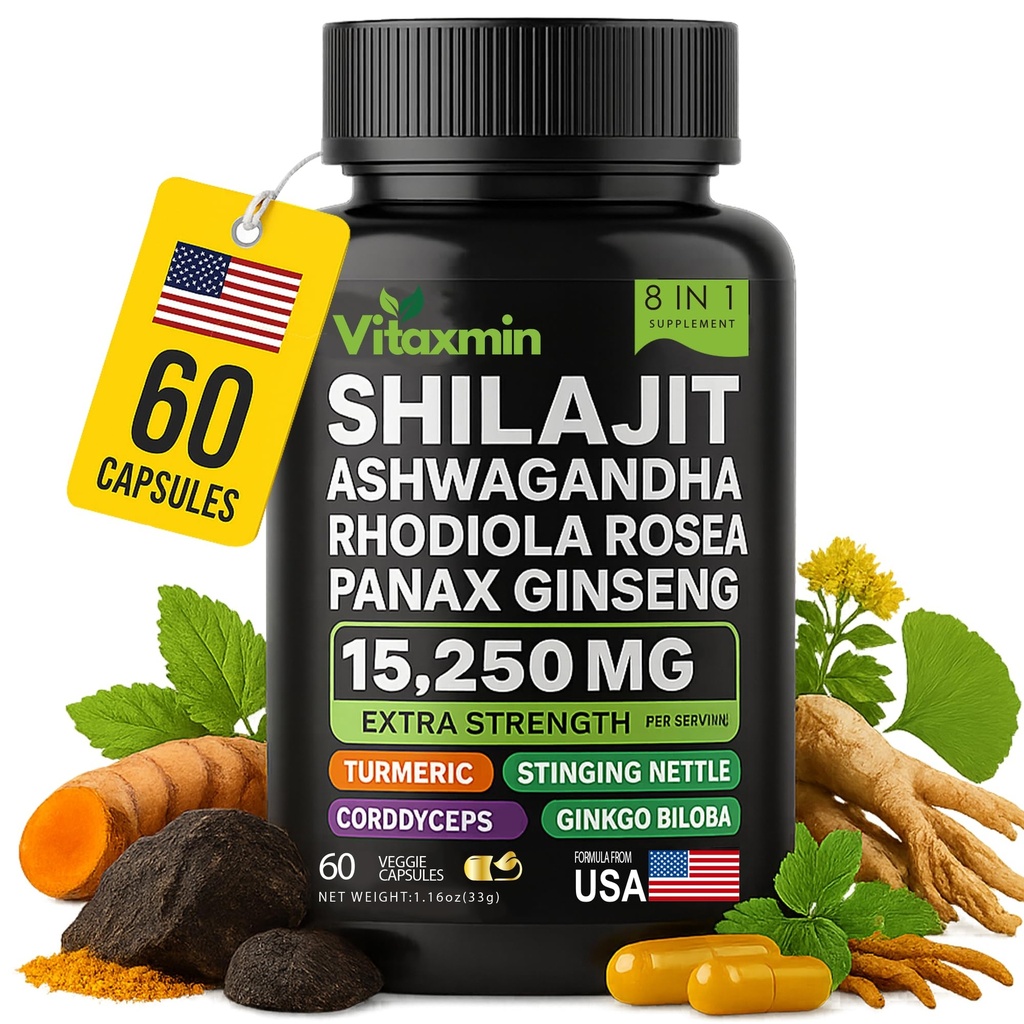 Shilajit와 Ashwagandha 캡슐, 남자와 여자를 위한 8에서 1 초본 Multivitamin, Rhodiola Rosea, Ginseng 및 스팅 Nettle, 남자와 여자를 위한 Shilajit