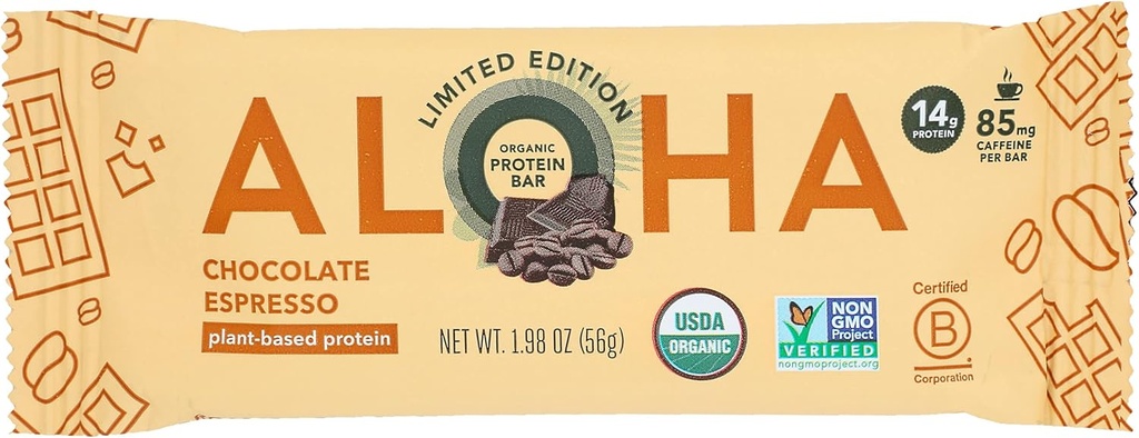 Aloha 유기 초콜릿 에스프레소 단백질 바, 14g 식물 기반 단백질, 85mg 카페인, USDA 인증 유기, 글루텐 무료 & 비 GMO, 1.98 Oz (12 포장)