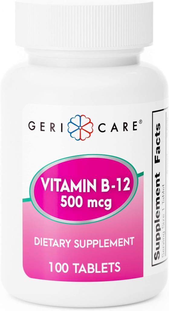 GeriCare 비타민 B-12 500mcg 정제 - 건강한 에너지 레벨, 뇌 기능 및 순환 건강 지원 – 매일 웰빙을위한 신뢰할 수있는 보충 – 100 개
