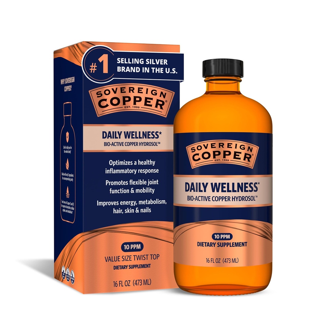 Sovereign Bio-Active Copper Hydrosol - Immune Support, Hair, Skin 및 Nails - 16 fl oz (473mL)의 Silver Hydrosol이있는 성인 및 어린이를위한 생체 이용 가능 콜로이드 구리 액체 보충
