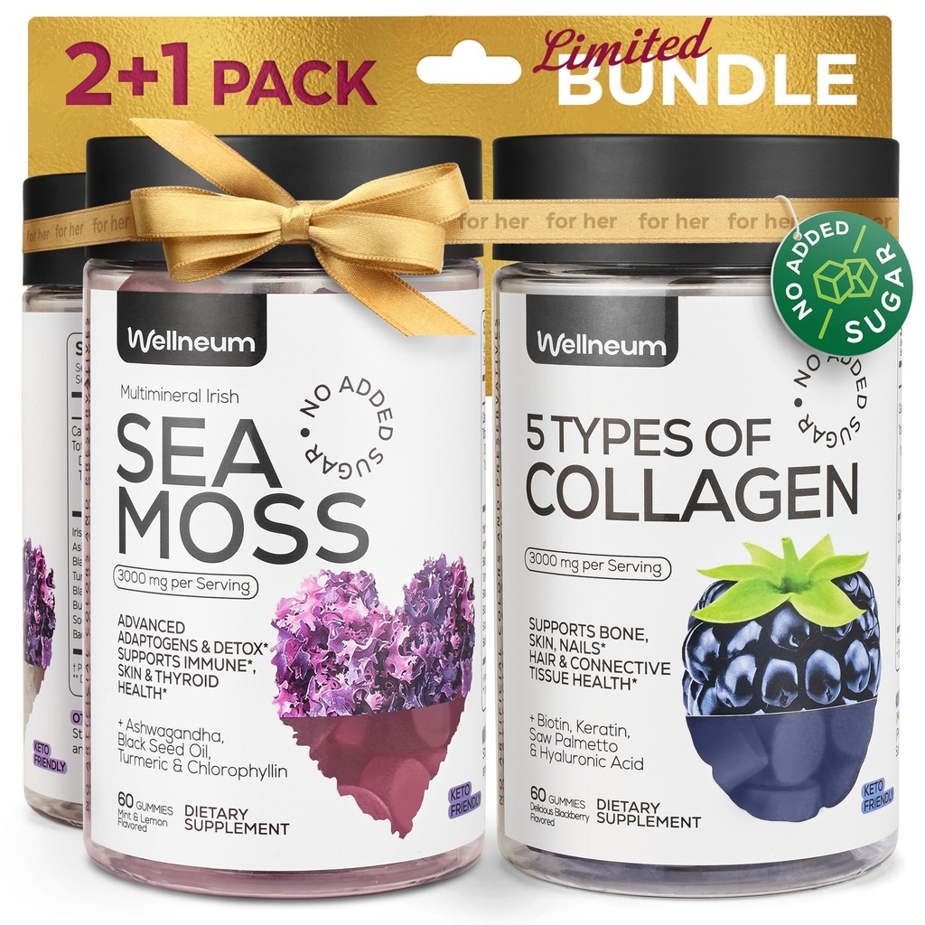 교원질과 바다 Moss Gummies 번들 - 교원질 펩티드, 아일랜드어 바다 Moss, Biotin, Keratin, Bladderwrack - Immunity, Detox, 건강한 머리, 피부 및 못을 위한 거미 보충교재 - 남자와 여자를 위해