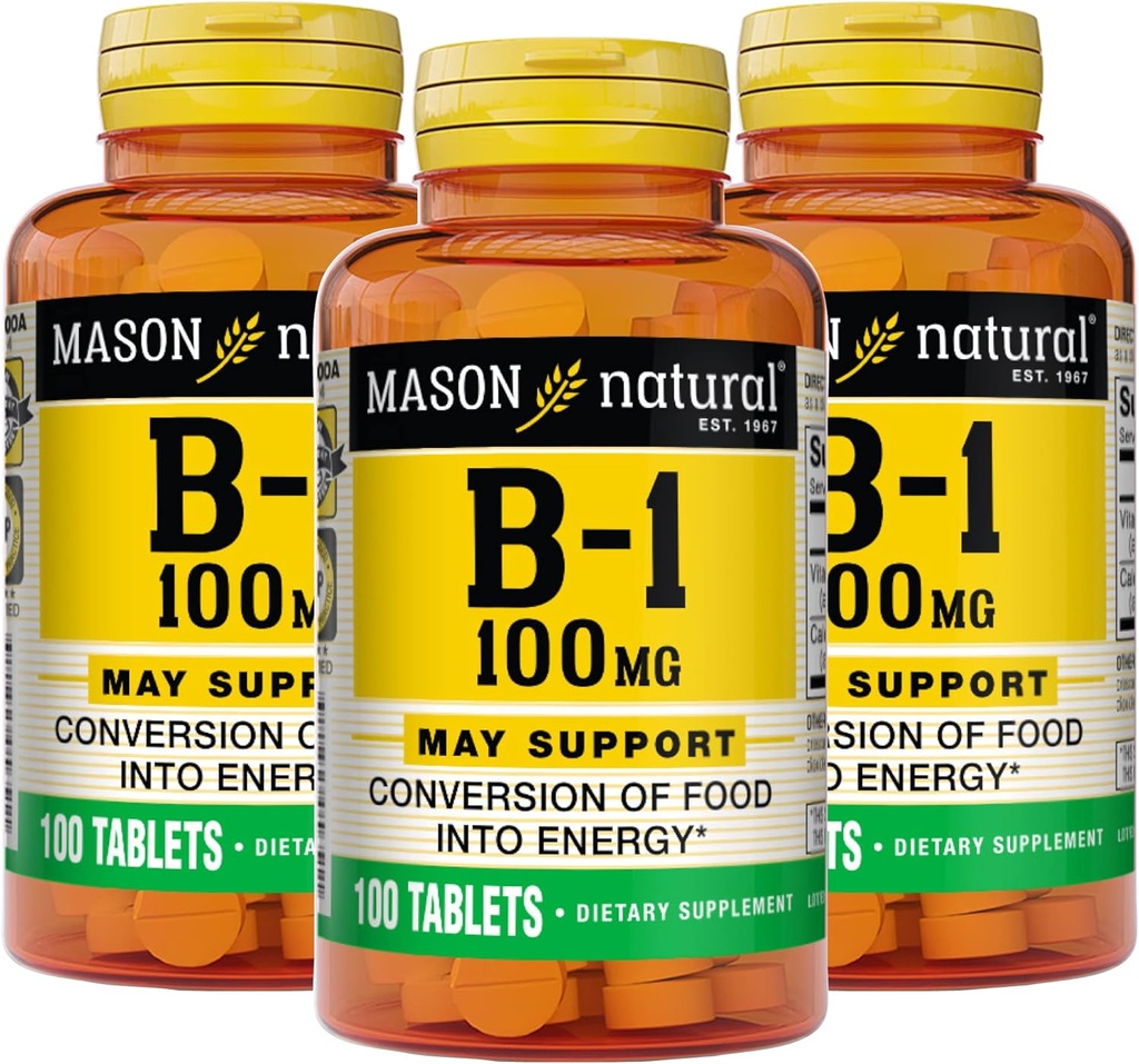 Mason 자연적인 비타민 B1 (Thiamin) 100 mg의 에너지로 음식의 건강한 변환은, Nerve와 Immune 건강, 100개의 정제 (포장 3)를 지원합니다