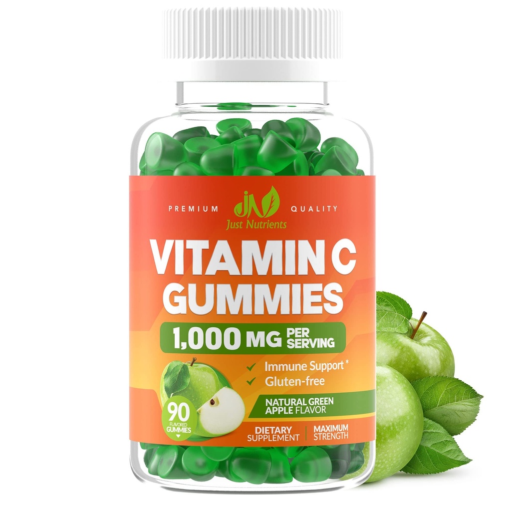 성인 & 아이를 위한 비타민 C Gummies 1000mg - 최대 힘 Chewable 면역 지원, 교원질 지원 - Sour Green Apple 풍미 - 글루텐 자유로운, 비 GMO, 채식주의자 - 90 Gummies (30의 봉사)