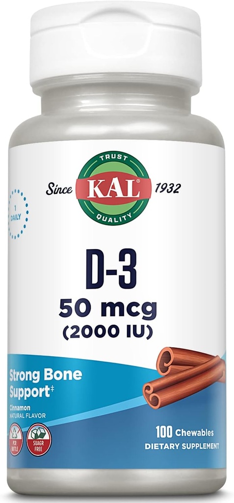 KAL 비타민 D3 Chewables 50 mcg, Cholecalciferol로 비타민 D 2000 IU, 설탕 자유로운, 자연적인 Cinnamon 풍미 D3 비타민, 면역 지원 & 뼈 건강, 100개의 서빙, 100개의 Chewables