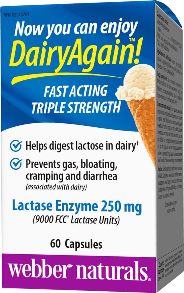 Webber Naturals Dairy 250mg Lactase 효소 트리플 강도, 60 캡슐
