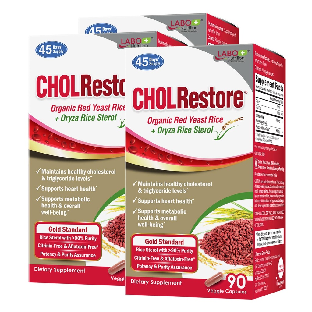 LABO 영양 CHOLRestore – Phytosterol 건강 보충교재를 가진 빨간 효모 밥은, 건강한 콜레스테롤 수준, Citrinin & Aflatoxin를 해방합니다, 90의 Vege 캡슐 3x3 지원합니다