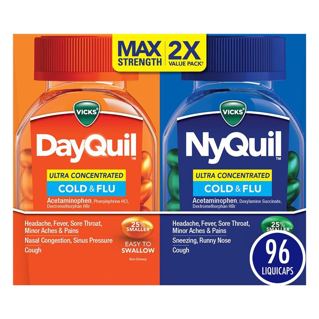 Vicks DayQuil & NyQuil 매우 집중된 Liquicaps Co-Pack, 찬 & 유출 약, 두통, Fever, Sore Throat, Minor Aches & 고통, & 기침, 96ct를 위한 강력한 다 Symptom 주간 & 야간 기복