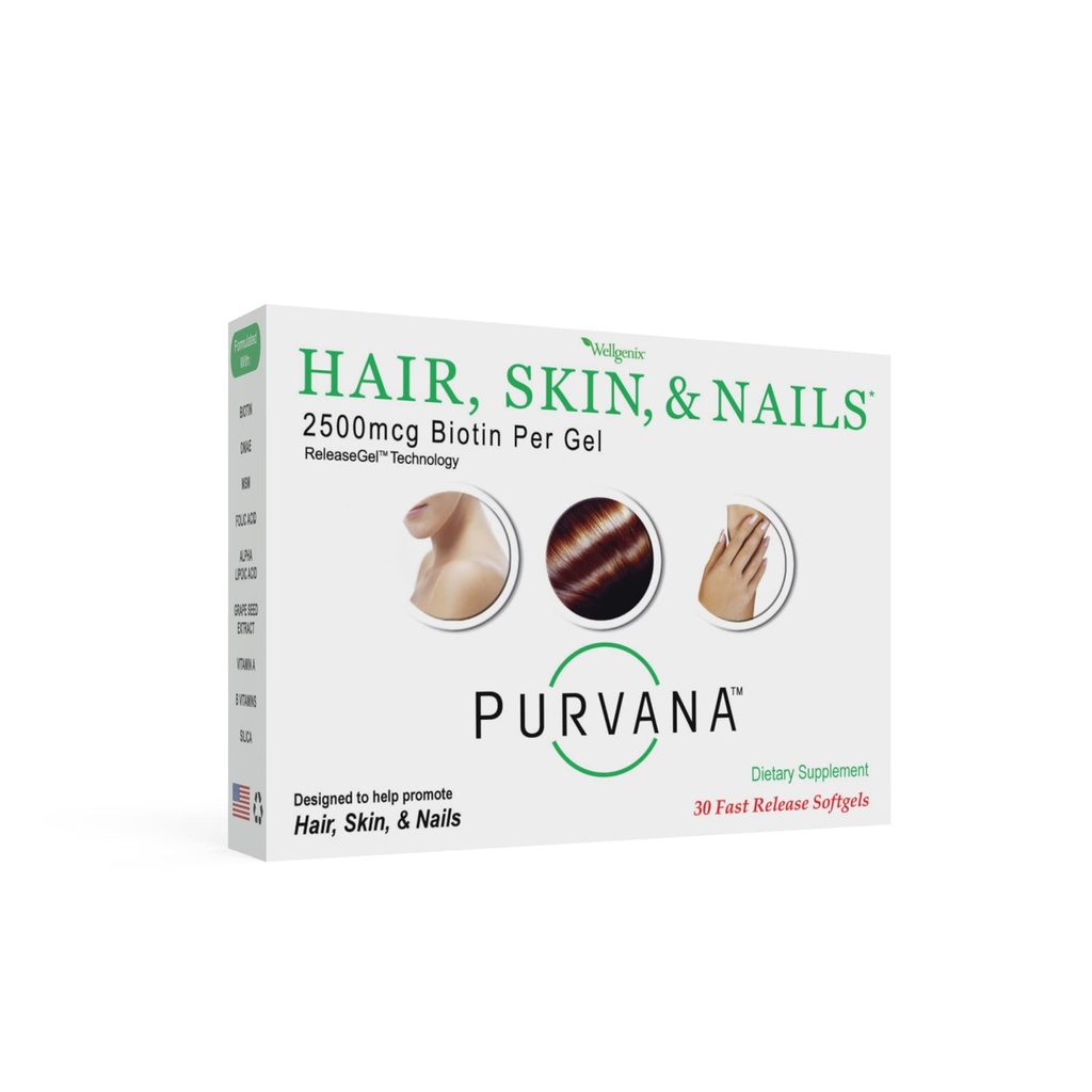 Wellgenix Purvana 머리, 피부, 손톱 비타민 - 2500mcg Biotin, Folic Acid, DMAE, 포도 씨앗 추출물 - 일 Softgels - PCOS 및 Postpartum 탈모 지원 - (30 조사)