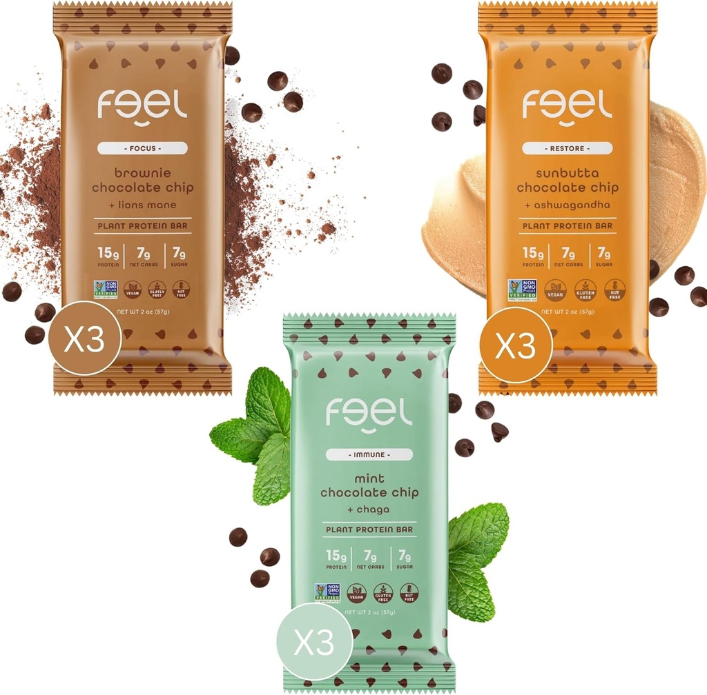 Feel Vegan Protein Bar | 초콜릿 애호가 | Keto | 글루텐 프리 | 유기농 | 라이온 맨 | Chaga | Ashwagandha | 15g Protein | Low Sugar | Non GMO | Sunbutta + Brownie + Mint - 9 Pack