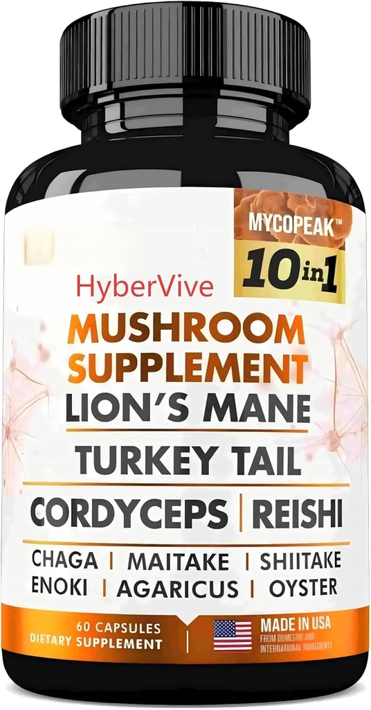 버섯 보충교재 10x Complex - 사자 Mane, 터키 꼬리, Cordyceps, Reishi, Chaga, Maitake, Shiitake, Oyster 추출물 버섯 - Nootropic 두뇌 지원은 기억과 초점을 위해 보충합니다