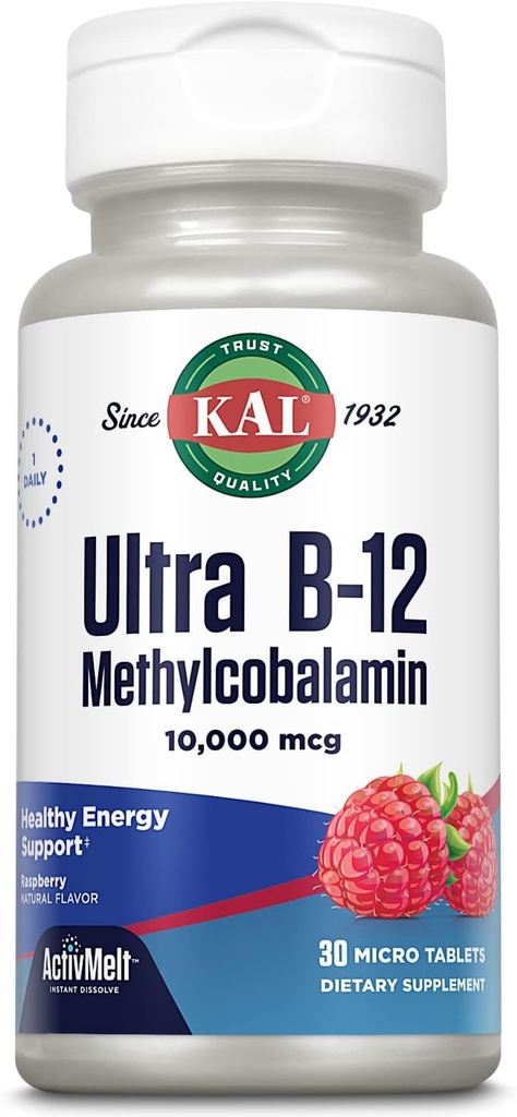 KAL Ultra B12 Methylcobalamin 10,000mcg, 건강한 에너지, 대사, Nerve, 빨간 혈액 세포 지원, * 자연적인 나무 딸기 풍미, 채식주의자, 30의 마이크로 정제, 30의 서빙을 위한 높은 힘 비타민 B-12