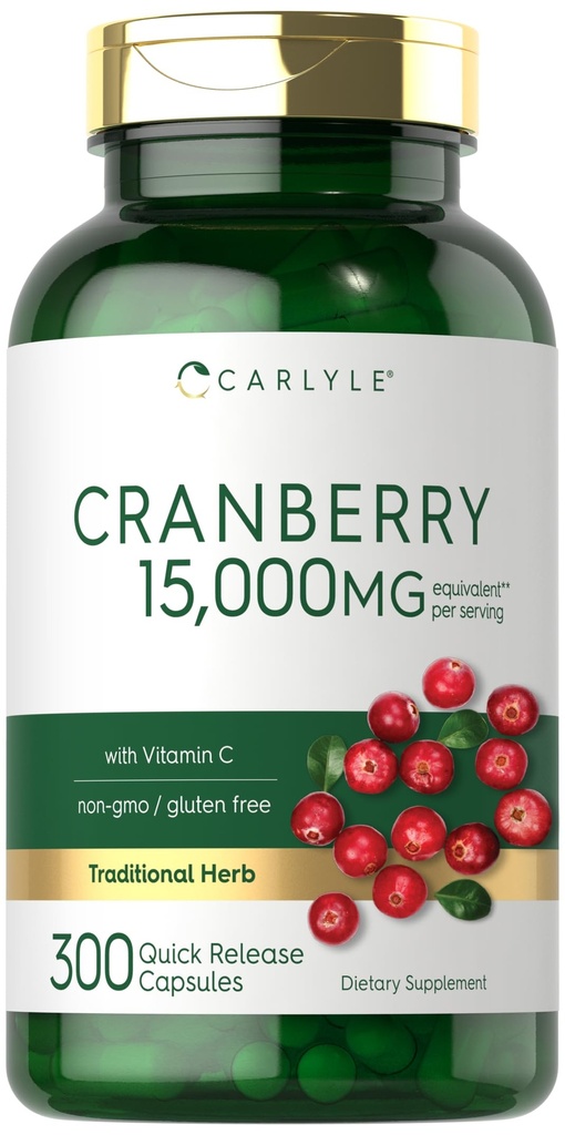 Carlyle Cranberry 약 15000mg | 300 캡슐 | 허브 추출물 보충 | 여성과 남성 | 비타민 C | 비 GMO & 글루텐 무료
