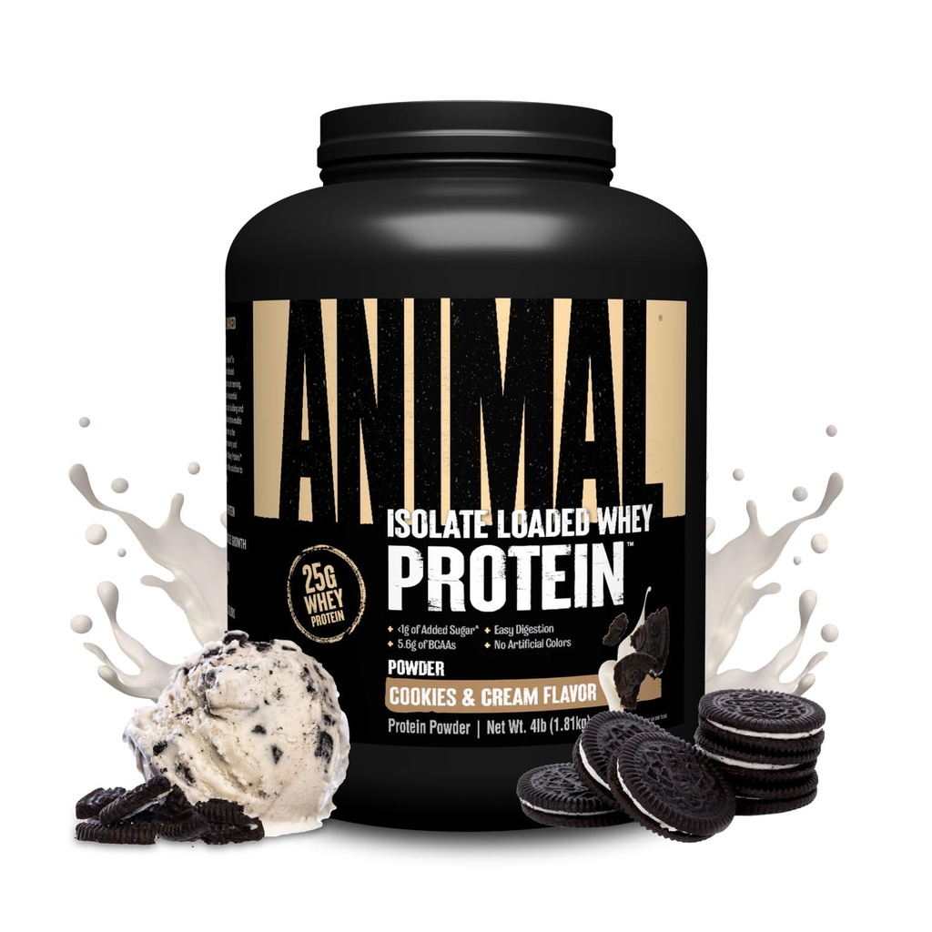 동물 Whey Isolate Protein Powder - 남성 및 여성을위한 Digestive Enzymes와 Pre & Post Workout Muscle Builder 및 Recovery에로드 - 25g Protein, Great Taste, Low Sugar - Cookies & Cream 4 lbs