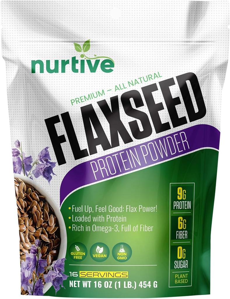 Flaxseed Protein Powder - 식물 기반, 오메가 3 및 산화 방지제 - 포스트 운동 회복에 이상적입니다 - 부드럽고 베이킹을위한 영양 부스트 - Non-GMO 및 글루텐 프리 (16 oz / 454g)