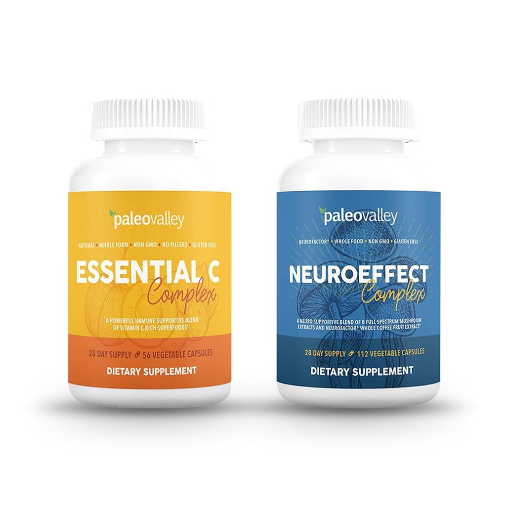 Paleovalley NeuroEffect + Essential C Complex Bundle - 신경 버섯 커피 추출물, 비타민 C 보충교재 450g 초점, 기억, 에너지, 면역 지원, 유기 Superfood