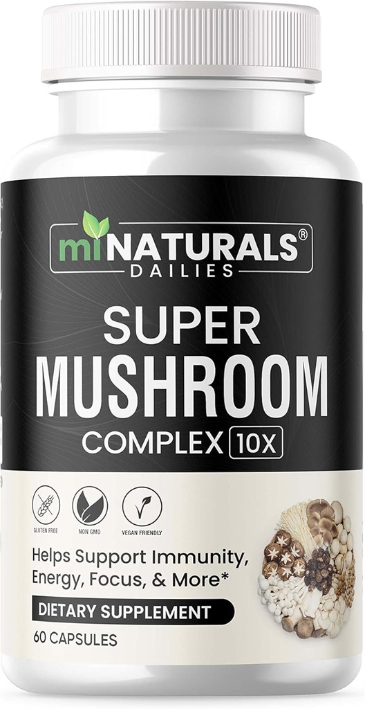 MINATURALS 버섯 복합 캡슐 - 사자 Mane, Reishi, Cordyceps, Chaga, 터키 꼬리, Maitake - 보충 Real Fruiting Body - 10 에 1
