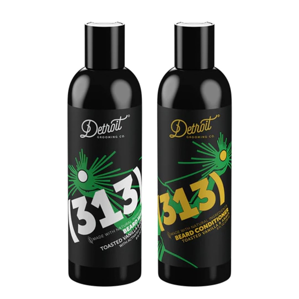 Detroit Grooming Co. Beard Wash and Beard 컨디셔너 - 남성 키트 - Softens, Strengthens, Moisturize, Infusion w/Argan Oil, Apple Extract, & Aloe Vera - Toasted Vanilla Amber Scent - 313-8oz