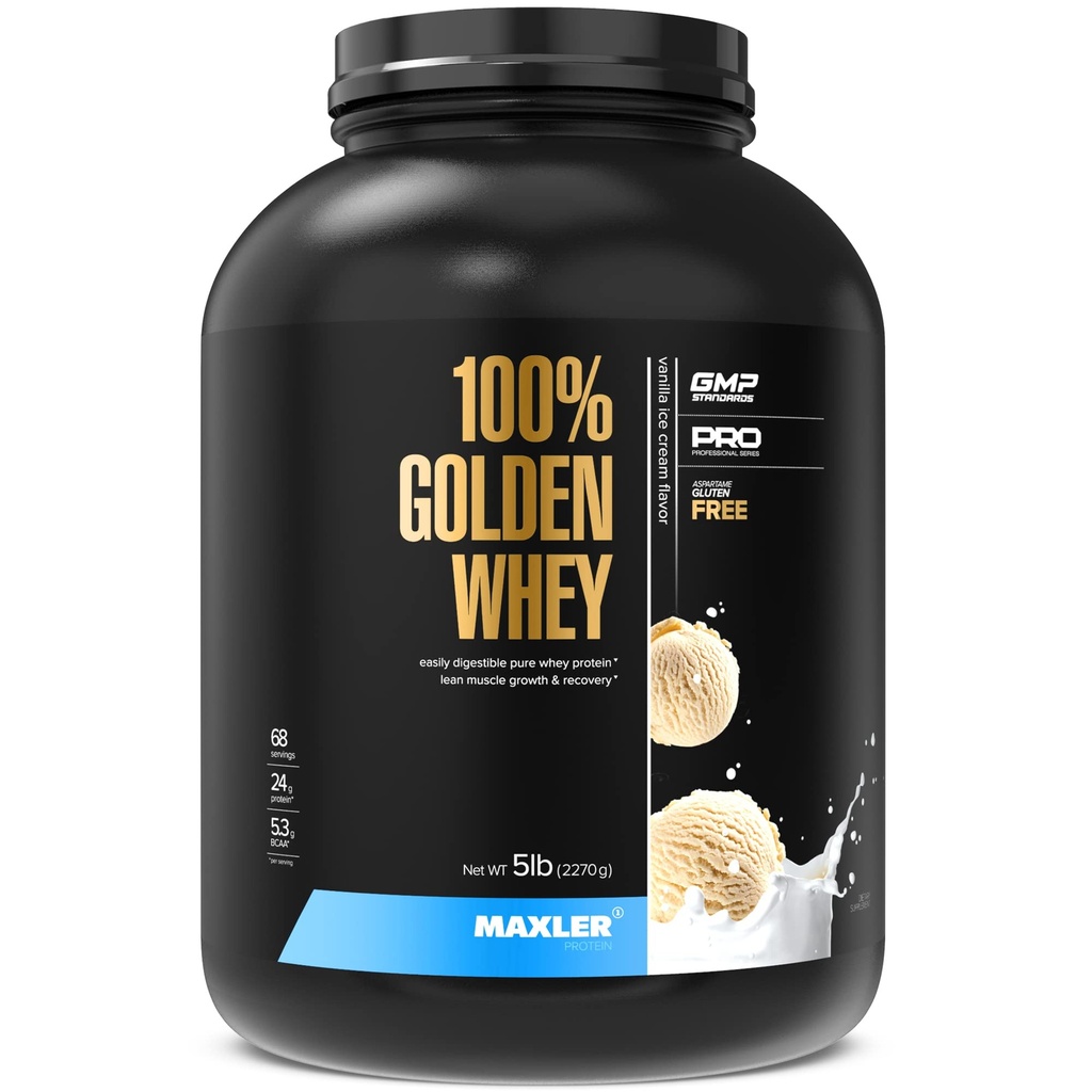Maxler 100 % Golden Whey Protein - 서빙 당 단백질 24g - 사전 포스트 운동을위한 프리미엄 Whey Protein Powder - 빠른 흡수 Whey Concentrate, Isolate & Hydrolysate Blend - 바닐라 아이스크림 5 lb
