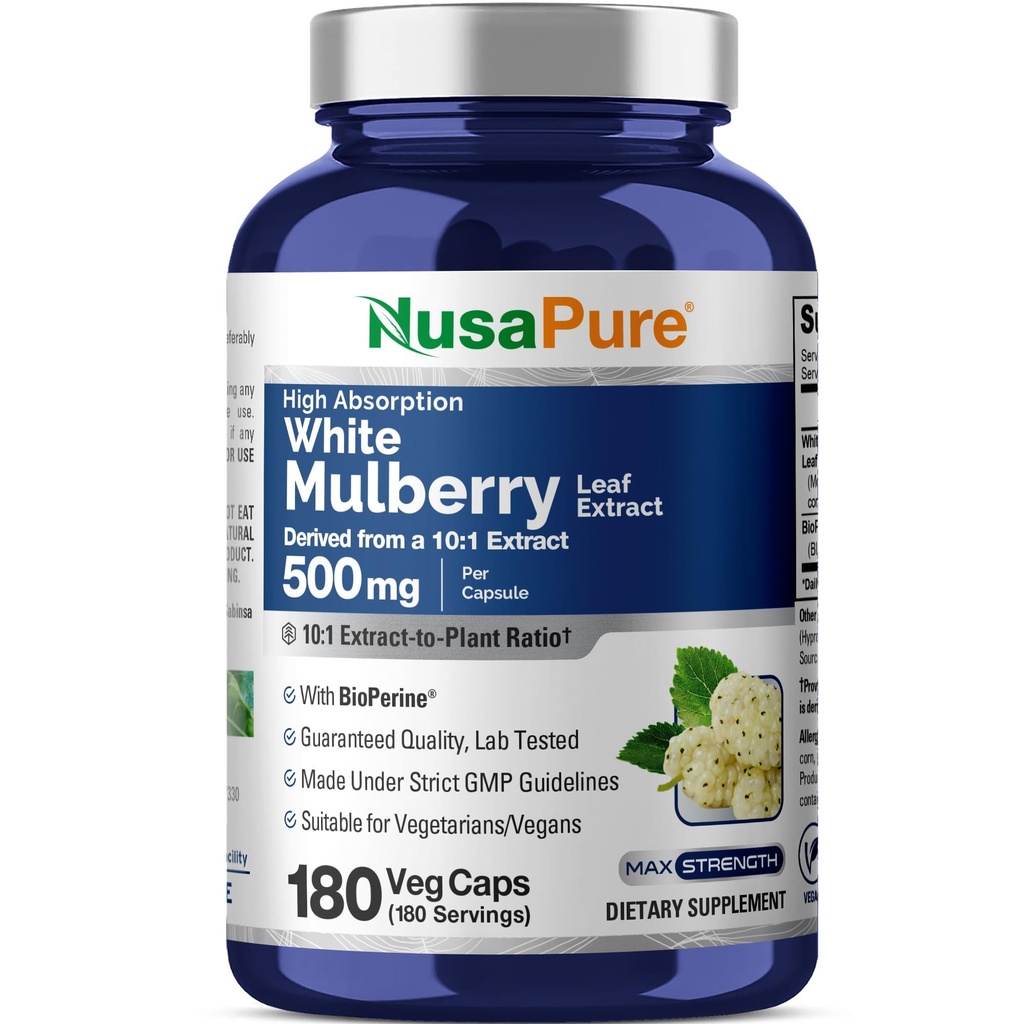 NusaPure 백색 Mulberry 잎 추출물 10:1 추출물, 5000mg 180 Veg 모자 (비건, 비 GMO Bioperine)와 동등한 500 mg