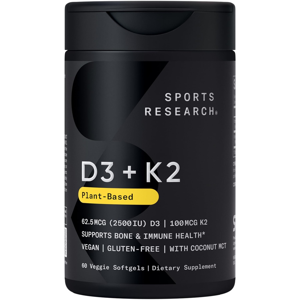 스포츠 연구 ® 비타민 D3 + K2 w / 코코트 오일 - Vegan 비타민 D 2500iu (62.5mcg) & Mk7 비타민 K 100mcg Bone & 면역 지원 - Vegan 인증 · 비 GMO · Soy 무료 - 60 Softgels