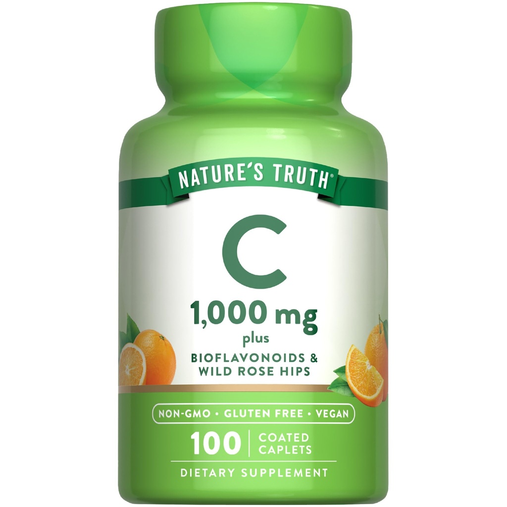 Nature's Truth Vitamin C Bioflavonoids & Rose HIPS | 1000mg | 100 Caplets | Vegan, Non-GMO 및 글루텐 무료 보충